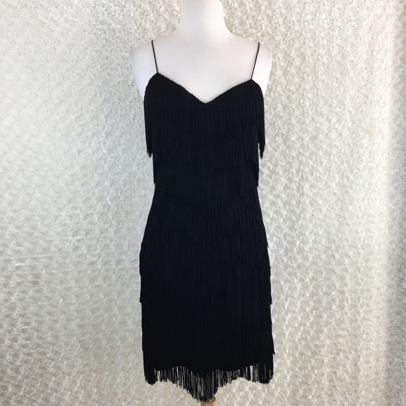 Cache Dresses & Skirts - CACHE Black Fringe Mini Sleeveless Dress Size 4